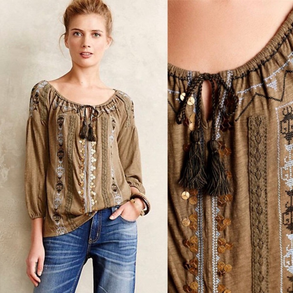 Akemi + Kin Anthropologie Embellished Peasant Top
